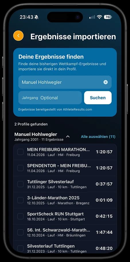 Competitions-App: Suche nach eigenen Ergebnissen bei AthleteResults mit Trefferliste